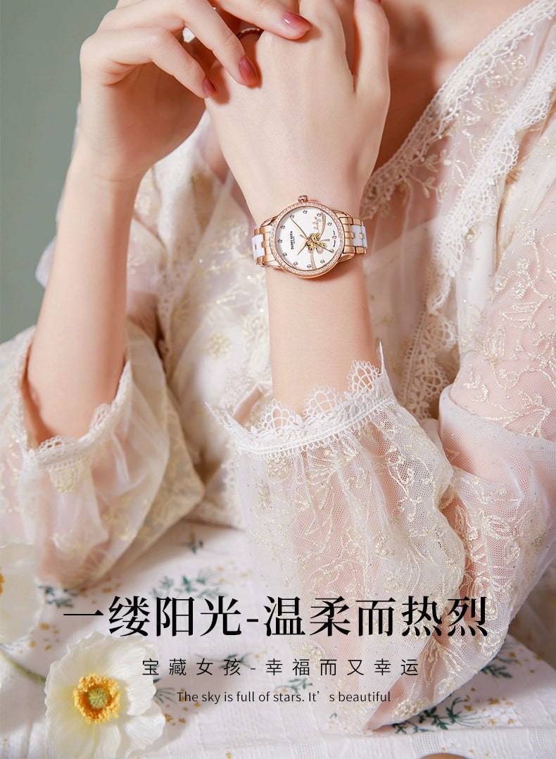 爱心幸运四叶草全自动机械2025新款陶瓷女士手表时尚镶钻小众轻奢